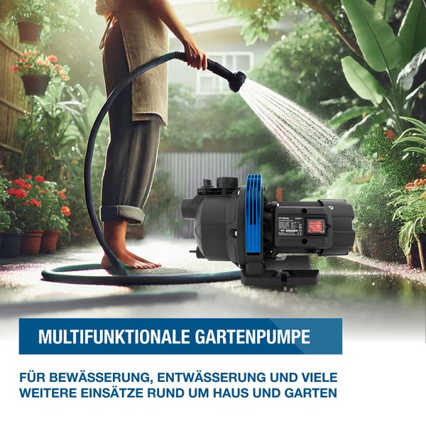 Multifunktionale Gartenpumpe für Bewässerung und Entwässerung in einer Gartenumgebung mit einer Person, die einen Schlauch verwendet.