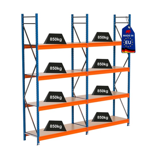 Regal mit acht Lasten von 850 Kilogramm und 'Hergestellt in der EU'-Kennzeichnung