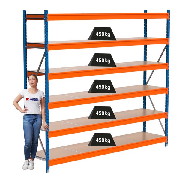Lagerregal mit fünf Ebenen und einer Traglast von 450 Kilogramm pro Ebene.