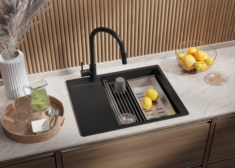PRIMAGRAN Granitspüle Anthrazit 62x50cm, Spülbecken 1 Becken + Küchenarmatur 40x20cm + Ablauf-Set + Aufrollbare Abtropffläche, Küchenspüle ab 50er Unterschrank - San Francisco