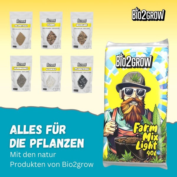 Bio2grow products for plants, including dolomite lime, cuano, neemcake, worm humus, algae lime and plant charcoal, as well as Farm Mix Light soil.