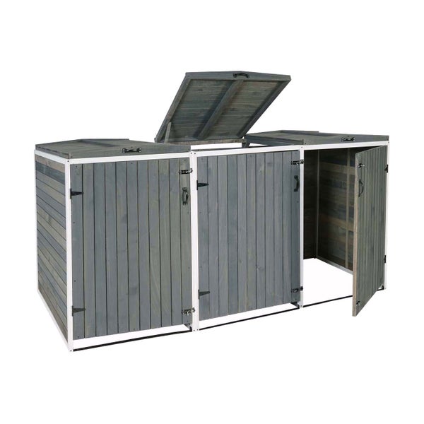 Mülltonnenbox aus Holz für drei Mülltonnen, mit Türen und Klappdeckel