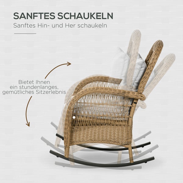 Garten-Schaukelstuhl aus Geflecht mit Polstern, Darstellung der sanften Schaukelbewegung durch Illustration.