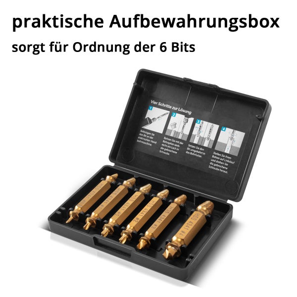 Zwei Schraubenausdreher mit der Aufschrift HSS 4341 #4 und eine Anwendungsanleitung.