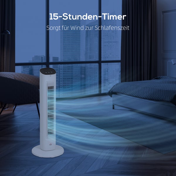 Weißer Turmventilator im Schlafzimmer mit 15-Stunden-Timer und visualisiertem Luftstrom vor einem Fenster mit Stadtblick bei Nacht.