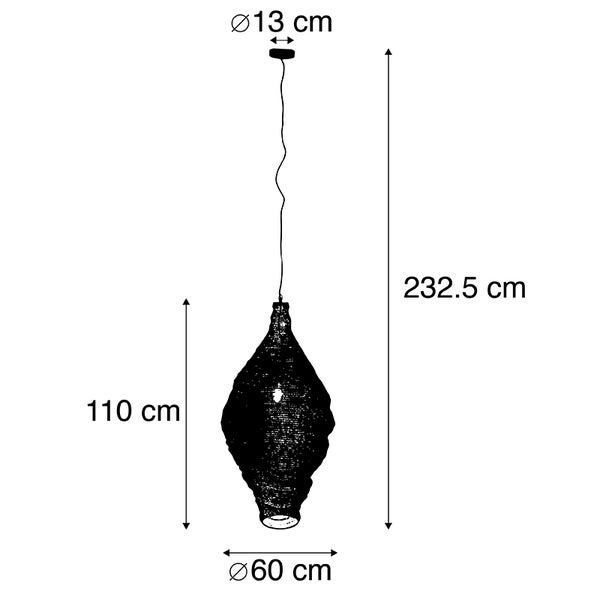 Skizze einer Pendelleuchte mit den Maßen 232,5 cm Höhe, 110 cm Höhe des Lampenschirms und 60 cm Durchmesser des Lampenschirms