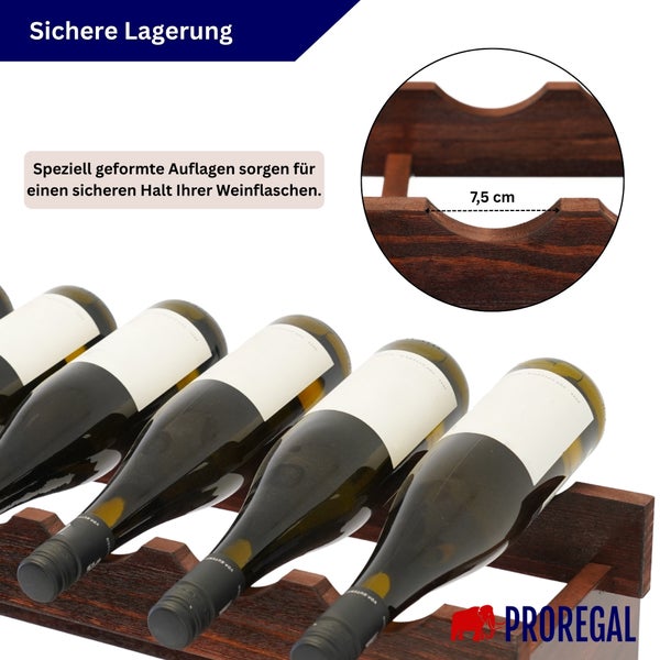 Weinregal aus Holz von Proregal mit liegenden Weinflaschen. Speziell geformte Auflagen haben eine Breite von 7,5 Zentimetern.