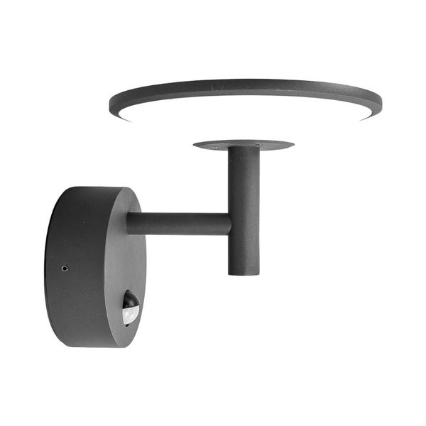 Moderne Außenwandleuchte in Schwarz mit Bewegungsmelder und ringförmigem LED-Lichtelement.