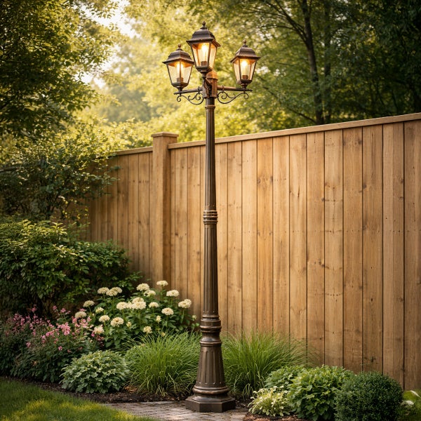 Dreiflammige Gartenlaterne im klassischen Stil vor einem Holzzaun im Garten. Metall-Kandelaber mit drei Leuchten zwischen Pflanzen.