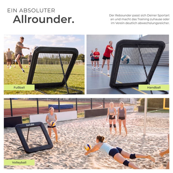 Tectake Rebounder Trainingsnetz für Sportarten wie Fußball, Handball und Volleyball im Einsatz auf dem Rasen, in der Halle und am Strand.