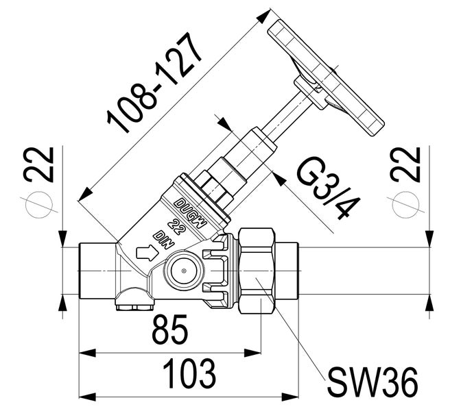 Technische Zeichnung eines Schrägsitzventils mit Maßen in Millimetern, Anschluss G drei Viertel Zoll und Schlüsselweite 36.