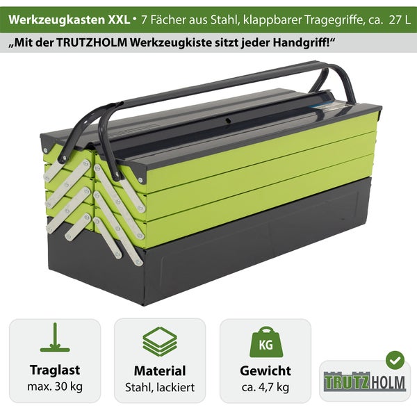 Trutzholm Werkzeugkasten XXL aus Stahl mit sieben Fächern und klappbarem Tragegriff, Volumen 27 Liter, maximale Traglast 30 Kilogramm.