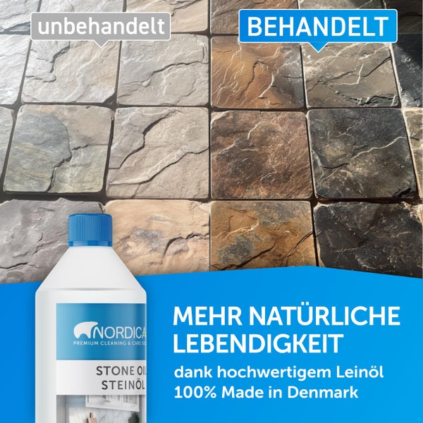 Nordicare Steinöl & Pflegemittel 1L für Naturstein I Universal Stein Öl Farbvertiefer für offenporigen Granit, Schiefer & anderen Stein I Schieferöl, Stein Reiniger