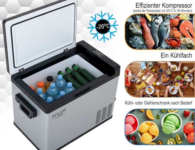 JUNG ADLER AD8081 Mini Kühlschrank/Gefrierfach klein, 40L, Kompressor Kühlbox, Gefrierschrank Minikühlschrank, 2 Anschlüsse (Zigarettenanzünder & Steckdose) LCD Display