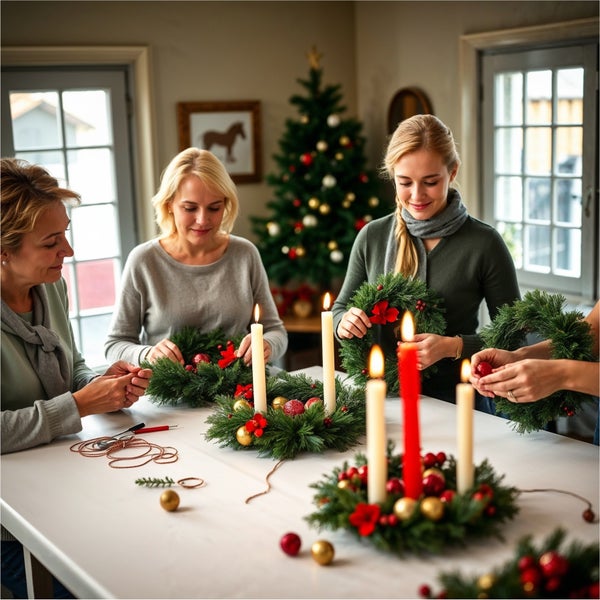 Frauen basteln Adventskränze mit Kerzen, Kugeln und Tannenzweigen in einem hellen Raum mit Weihnachtsbaum
