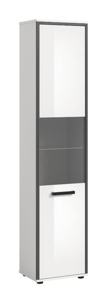 Badezimmer-Hochschrank mit zwei weißen Türen und einem dunklen Glasregalfach in der Mitte, anthrazitfarbener Rahmen.