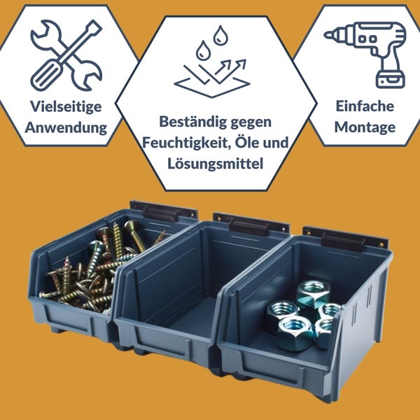 Stapelboxen Schraubenbox Lagerboxen Stapelboxen Werkstatt Sichtlagerboxen klein groß Set Wandhalterung Wand 4x Stapelbox Gr.3 + Metallschiene