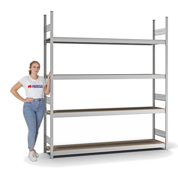 PROREGAL Weitspannregal Stecksystem T-Profil Grundregal HxBxT 250x225x40 cm 4 Ebenen Spanplatten Fachboden Fachlast 350 kg Verzinkt