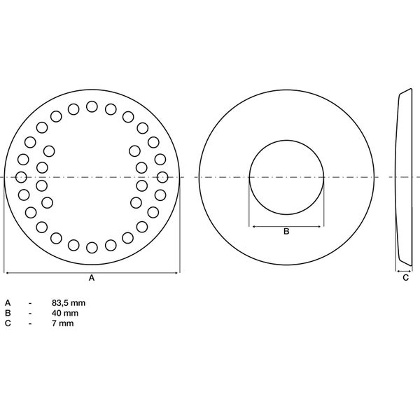 Technische Zeichnung einer Metallscheibe mit Maßen 83,5 mm, 40 mm und 7 mm.