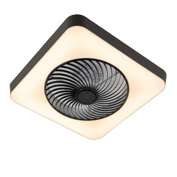 Quadratischer Deckenventilator mit integrierter LED-Beleuchtung und schwarzem Rahmen.