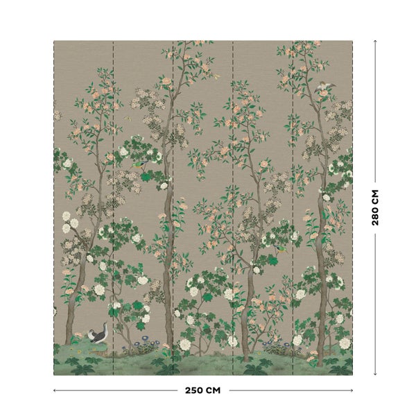Fototapete mit florale Blumenmuster im japanischen Stil mit Vögeln und Bäumen, Maße 250 mal 280 Zentimeter.