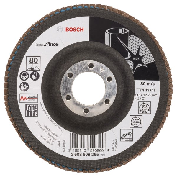 Bosch Fächerschleifscheibe Best for Inox 115 22,23 80 gewinkelt Glasgewebeteller - 2608608265