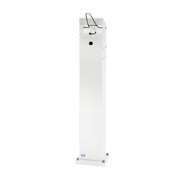 Desinfektionssäule mit Armhebelspender, weiß, freistehend, für Händedesinfektion.