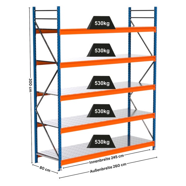 Lagerregal mit fünf Ebenen und Gewichtsangaben