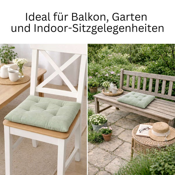Gestreiftes Sitzkissen in Grün auf einem weißen Stuhl im Innenbereich und einer Holzbank im Garten.