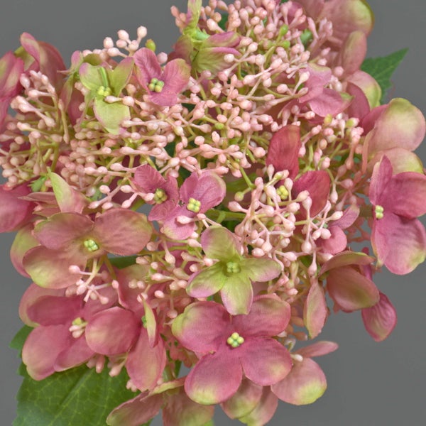 Künstliche Hortensie mit Blüten und Knospen aus Textilmaterial.