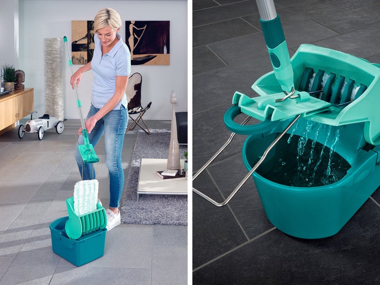 Leifheit Set Wischtuchpresse Profi Compact mit Bodenwischer und 3-teiligem Stiel, wie handgewrungen auspressbar, platzsparendes Wischset mit Mikrofaser Wischbezug für Fliesen und Laminat, Click-System