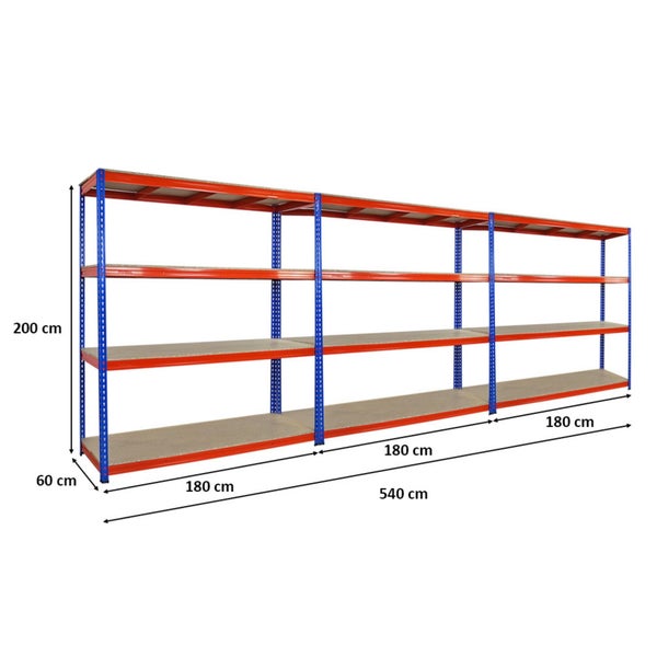 PROREGAL Mega Deal 3x Profi Schwerlastregal Bison HxBxT 200 x 180 x 60 cm 4 Fachböden Fachlast 600 kg Blau-Orange