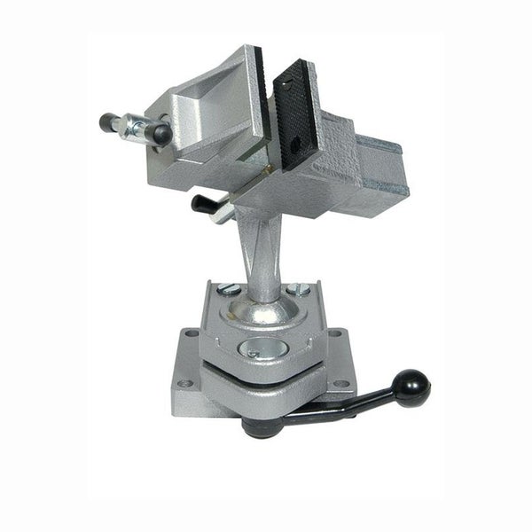 Präzisionsschraubstock aus Metall mit Kugelgelenk zur flexiblen Ausrichtung und Standfuß mit Befestigungslöchern.