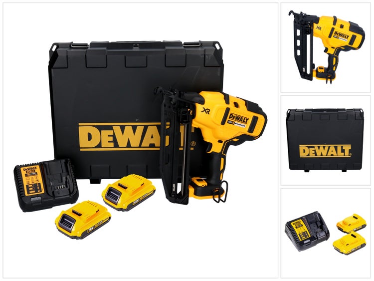 DeWalt Akku-Nagler Set bestehend aus einem Akku-Nagler, zwei Akkus, einem Ladegerät und einem Transportkoffer mit DeWalt Logo.