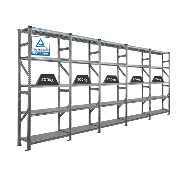 Langes Schwerlastregal mit mehreren Regalböden und einer Traglast von 200 kg pro Fach.