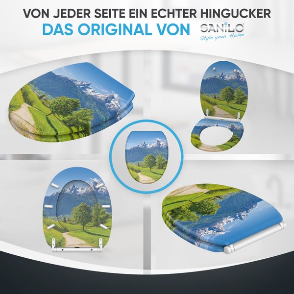 Sanilo WC-Sitz mit Berglandschaft-Motiv in verschiedenen Ansichten: geschlossen, geöffnet und Detailansichten. Sanilo Logo.