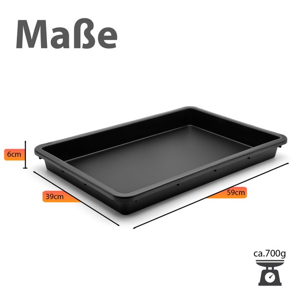 Abmessungen einer Anzuchtschale aus Kunststoff, 59 mal 39 mal 6 Zentimeter, Gewicht circa 700 Gramm