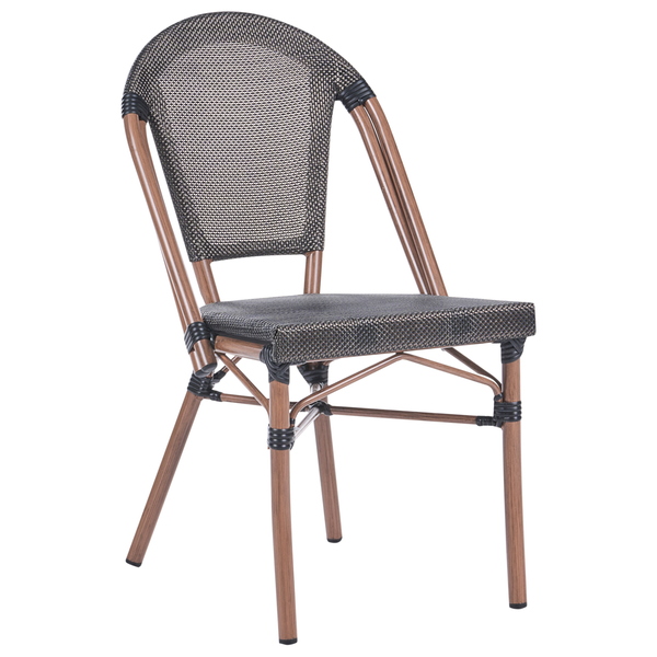 Bistrostuhl mit dunklem Kunststoffgeflecht und Aluminiumgestell in Holzoptik.