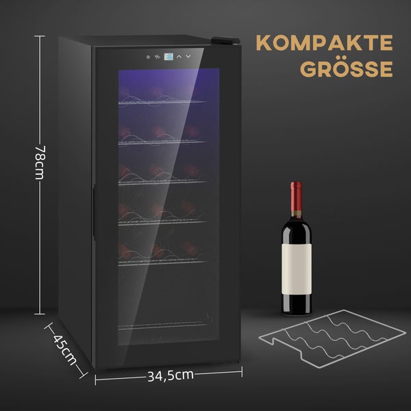 Weinkühlschrank mit Glasfront, Höhe 78 Zentimeter, Breite 34,5 Zentimeter, Tiefe 45 Zentimeter, digitale Anzeige, kompakte Größe.