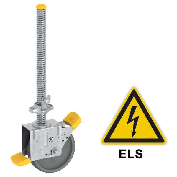 Gerüst-Spindellenkrolle aus Stahl mit Feststeller, elektrisch leitfähig.