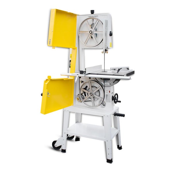 Bandsäge mit geöffneten gelben Schutzvorrichtungen für Holzarbeiten