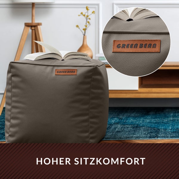 Quadratischer Sitzhocker mit Buch und Green Bean Logo