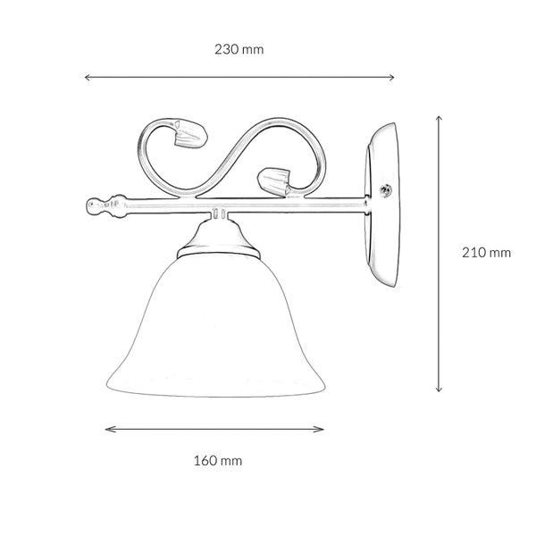 Technische Zeichnung einer Wandleuchte mit den Maßen 230 mm Breite, 210 mm Höhe und 160 mm Durchmesser des Lampenschirms.