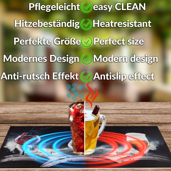 Produktvorteile des Tischsets: pflegeleicht, hitzebeständig, perfekte Größe, modernes Design und Anti-Rutsch-Effekt für heiße und kalte Getränke.