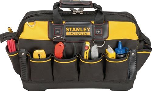 Stanley Fatmax Werkzeugtasche in Gelb und Schwarz mit verschiedenen Handwerkzeugen in den Außentaschen und Tragegriff.