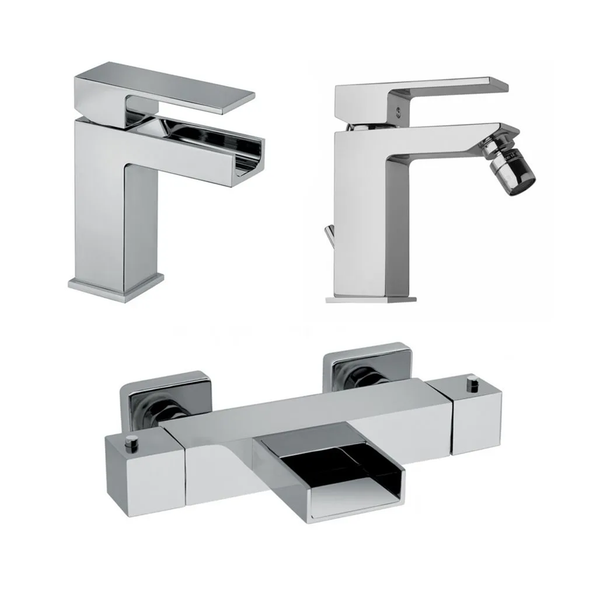 Set aus Waschtischarmatur, Bidetarmatur und Wannenarmatur, eckiges Design, verchromt, mit Schwallauslauf.