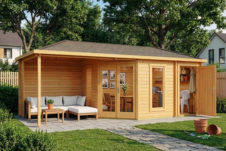 Holzgartenhaus mit integrierter Terrasse, verglasten Türen, Fenstern und separatem Abstellraum in einem Garten mit Lounge Möbeln.