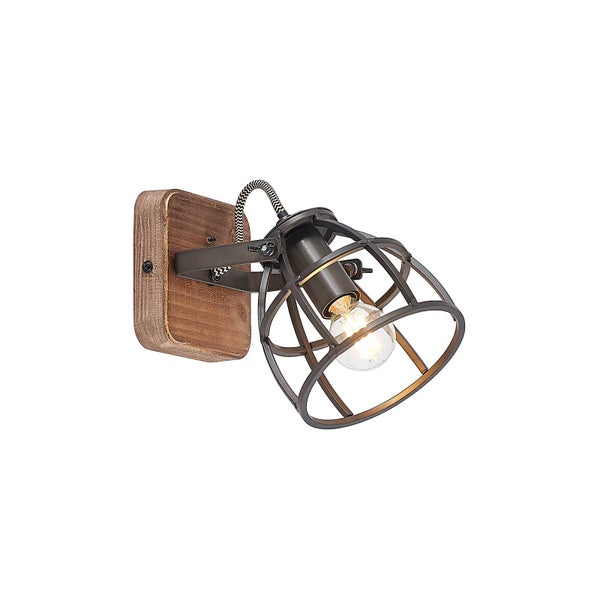 Wandleuchte mit Holzsockel und Metallschirm im Industrial-Stil