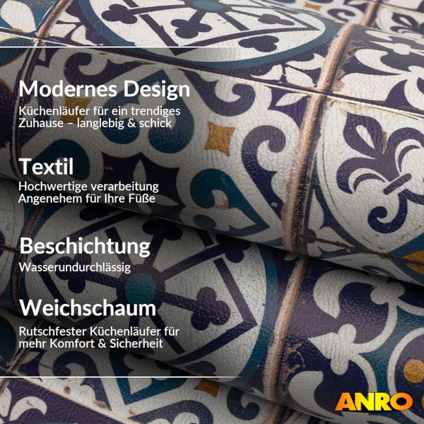 Küchenläufer mit mediterranem Fliesenmuster, Textiloberfläche, rutschfestem Weichschaum und wasserundurchlässiger Beschichtung. ANRO Logo.