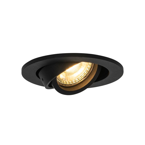 Schwarzer runder Einbaustrahler, schwenkbar, mit warmweißer Lichtquelle.